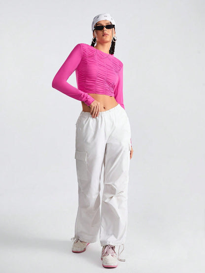 SHEIN Sports Camiseta De Manga Larga Con Cuello Redondo Y Pliegues Para Mujer De Color Sólido