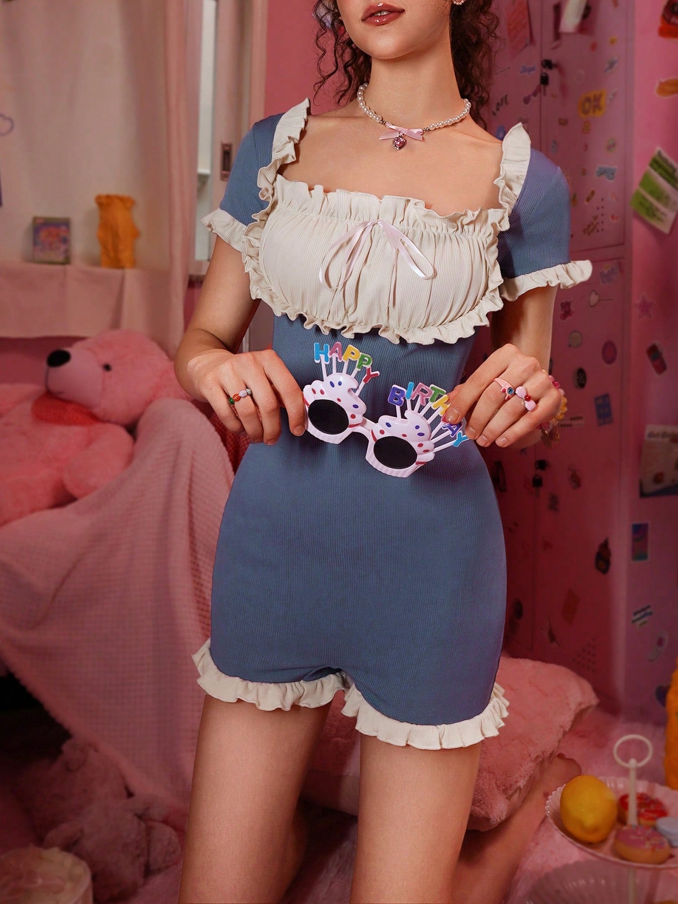 SHEIN SweetSlumber Rompimiento con lazo trasero sin espalda y ribete de volantes