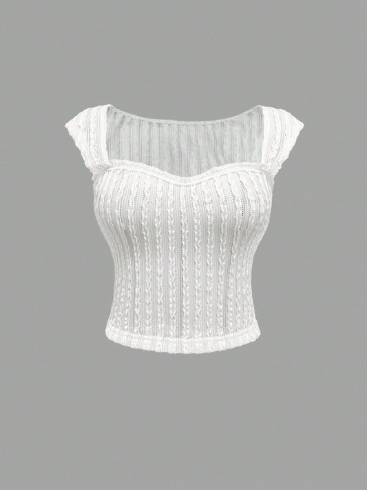 SHEIN Sweetro Camiseta informal de mujer de unicolor con cuello en forma de corazón y mangas abombadas