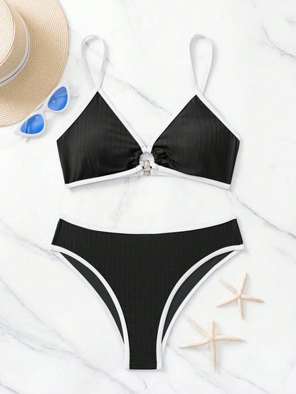 SHEIN Swim Bañador bikini unido en contraste vinculado con aro