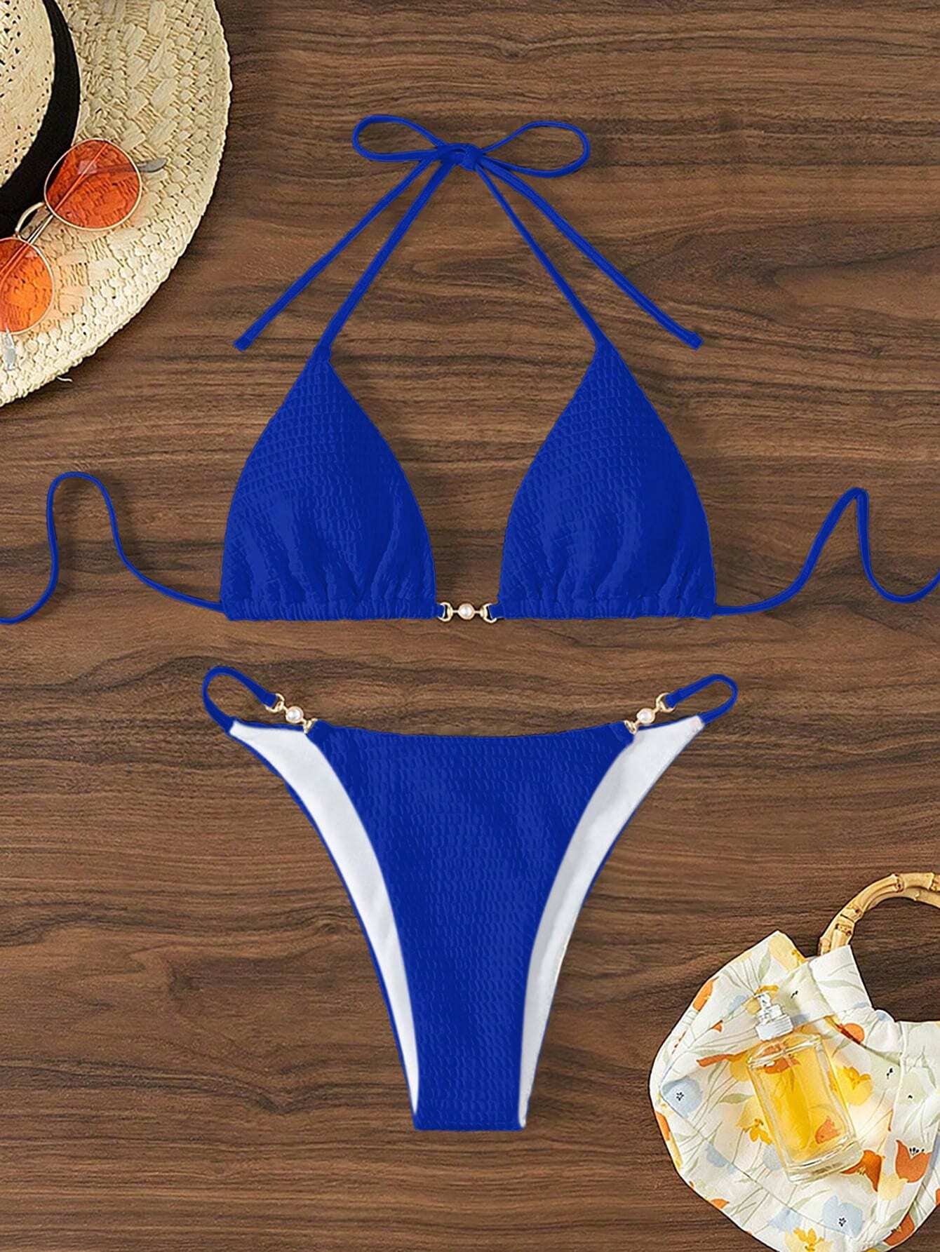 SHEIN Swim Conjunto de Bikini Sexy en unicolor para mujer con cuello halter para vacaciones