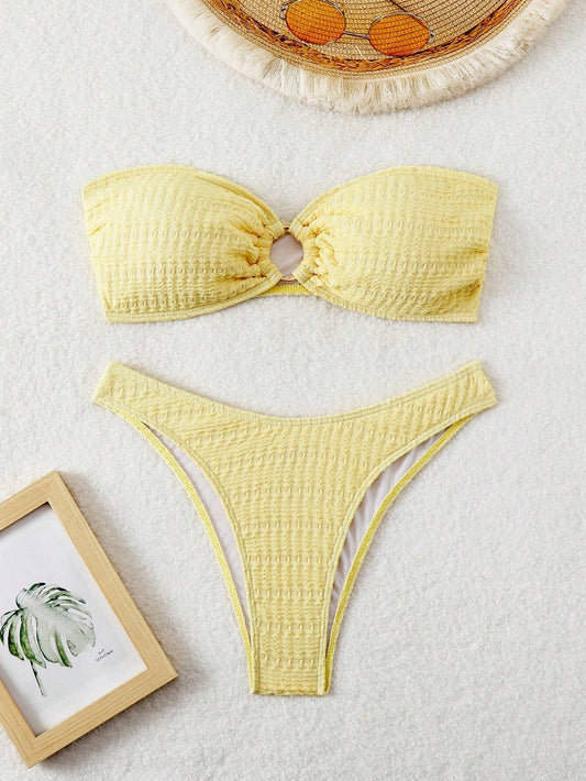 SHEIN Swim Conjunto de bikini bandeau de unicolor para mujer, traje de baño amarillo de playa de verano