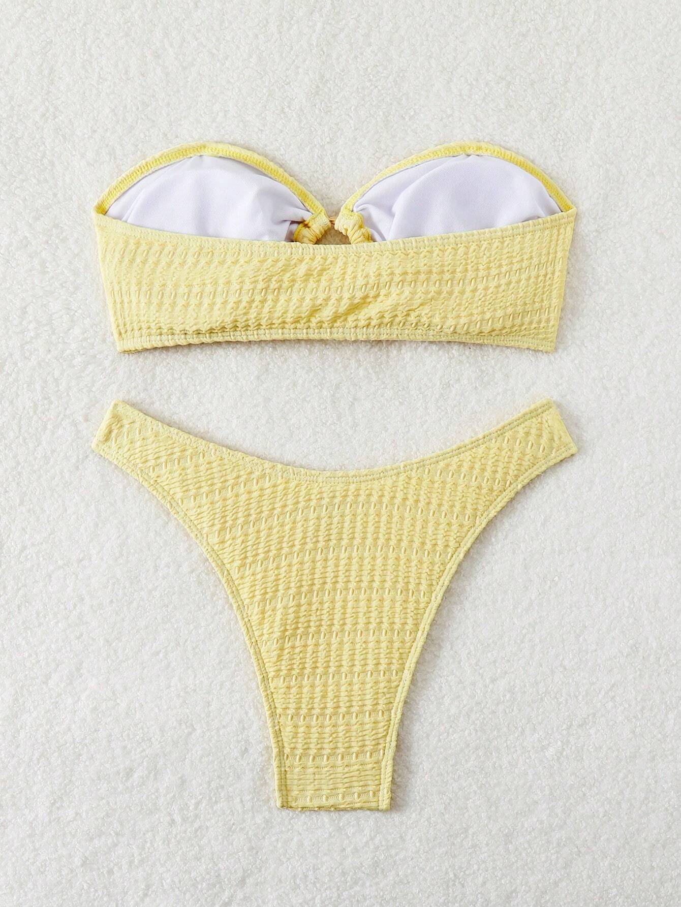SHEIN Swim Conjunto de bikini bandeau de unicolor para mujer, traje de baño amarillo de playa de verano