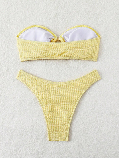 SHEIN Swim Conjunto de bikini bandeau de unicolor para mujer, traje de baño amarillo de playa de verano