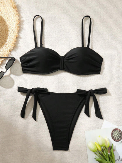 SHEIN Swim Conjunto de bikini con lazada lateral fruncida para mujer para la playa de verano (con aros y push up)
