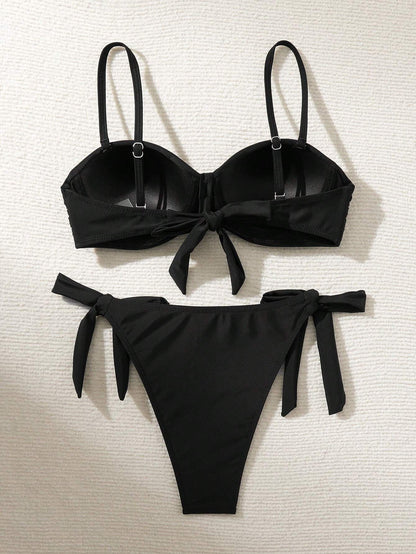 SHEIN Swim Conjunto de bikini con lazada lateral fruncida para mujer para la playa de verano (con aros y push up)