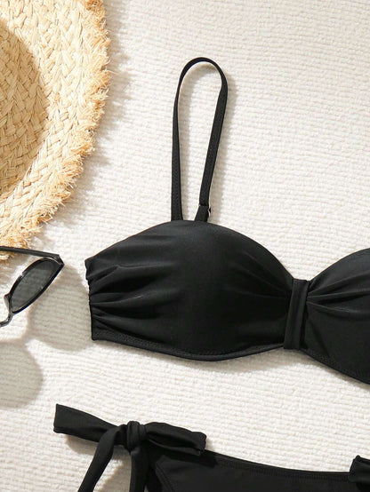 SHEIN Swim Conjunto de bikini con lazada lateral fruncida para mujer para la playa de verano (con aros y push up)