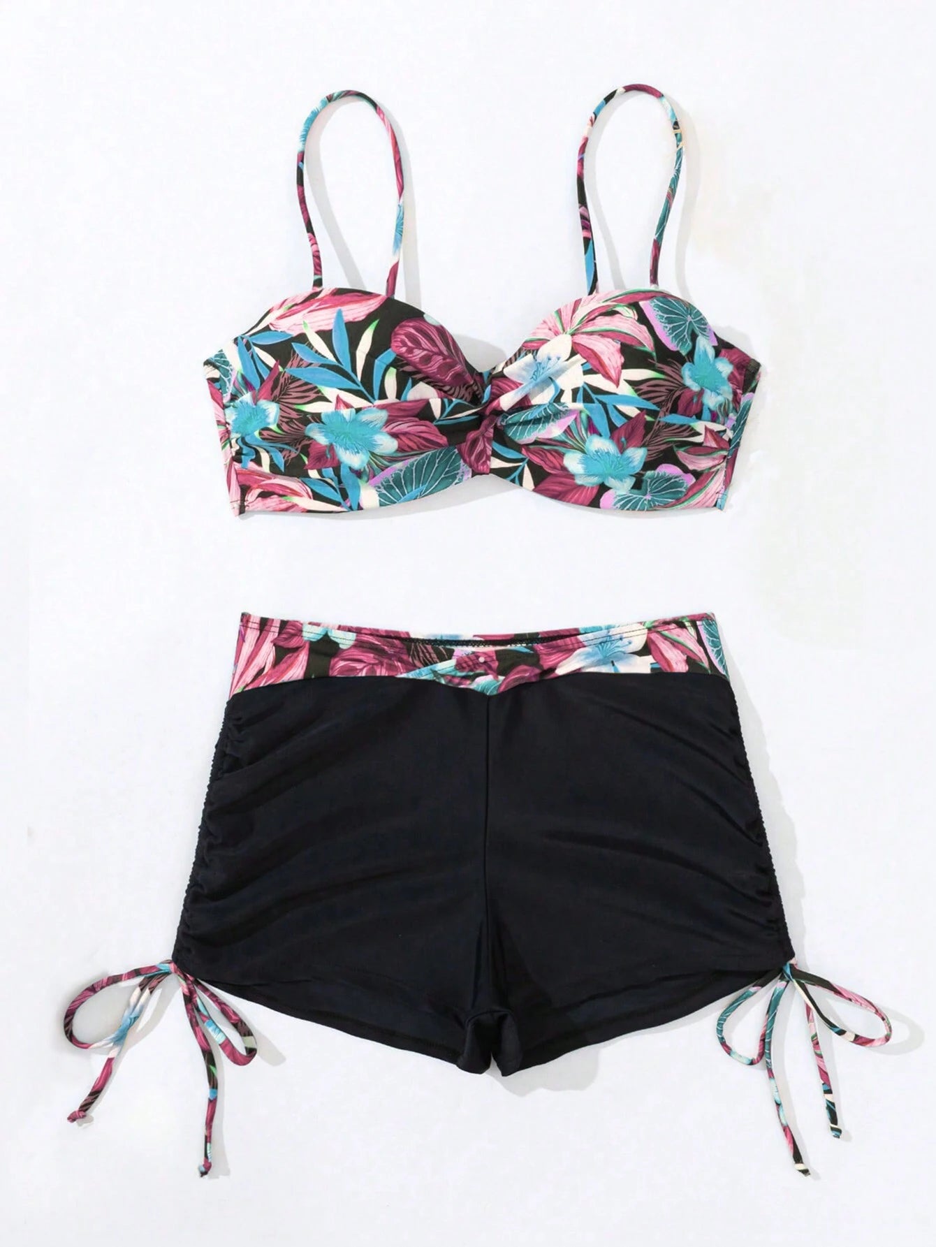 SHEIN Swim Conjunto de bikini con volantes y estampado de plantas tropicales para mujeres de playa de verano con soporte acolchado y con aros y estampado floral aleatorio para vacaciones