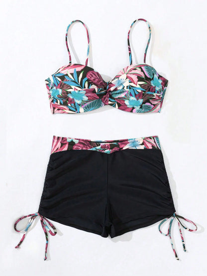 SHEIN Swim Conjunto de bikini con volantes y estampado de plantas tropicales para mujeres de playa de verano con soporte acolchado y con aros y estampado floral aleatorio para vacaciones