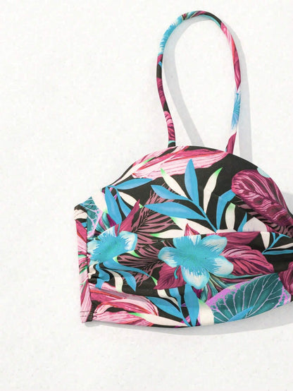 SHEIN Swim Conjunto de bikini con volantes y estampado de plantas tropicales para mujeres de playa de verano con soporte acolchado y con aros y estampado floral aleatorio para vacaciones