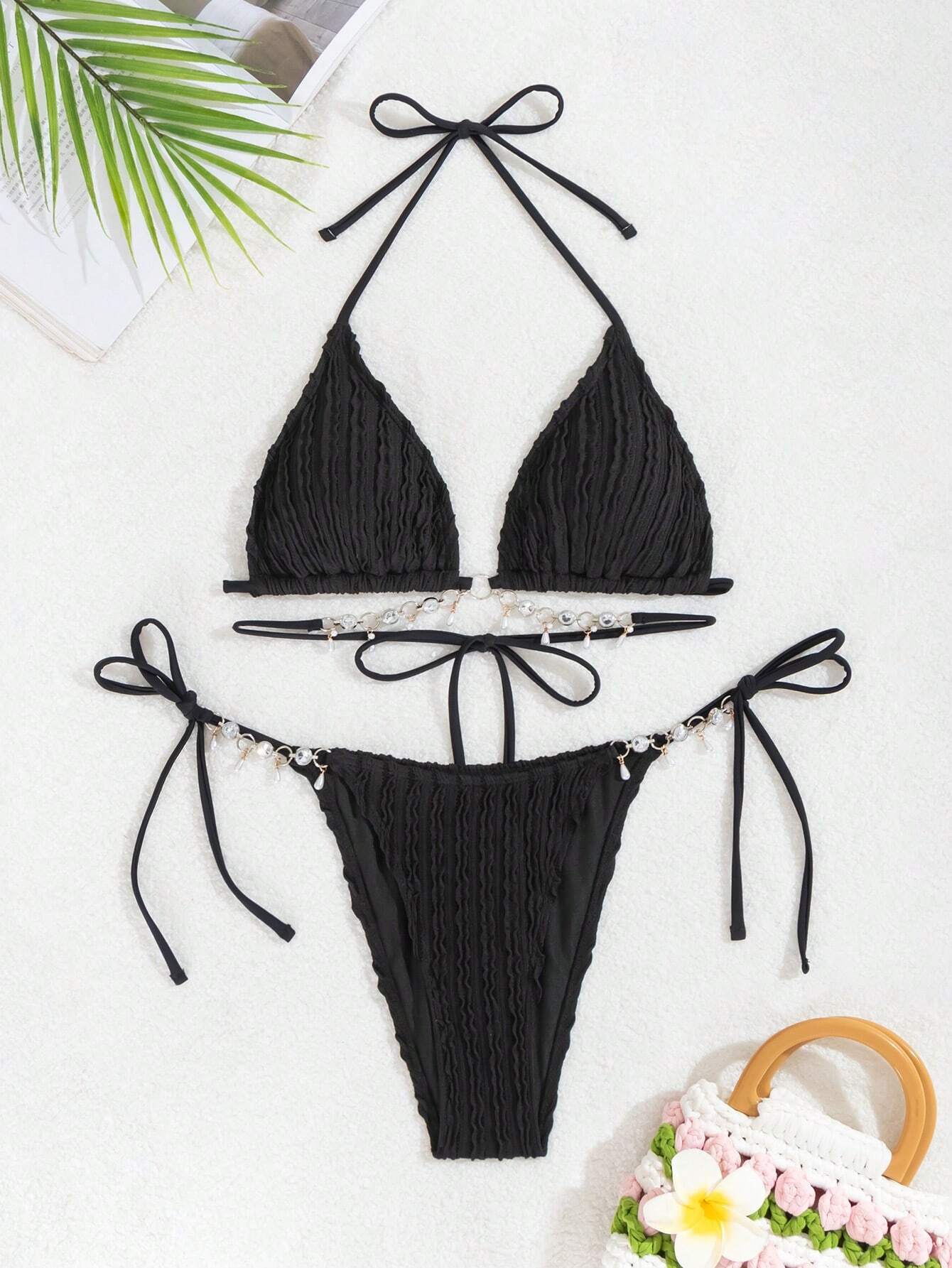 SHEIN Swim Conjunto de bikini de unicolor con escote halter y tirantes para señoras, conjunto de bikini de dos piezas, playa de verano