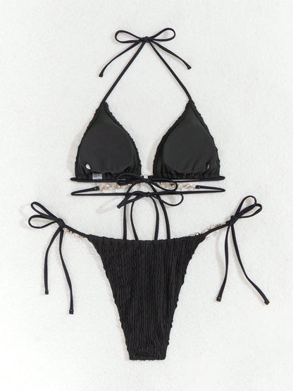 SHEIN Swim Conjunto de bikini de unicolor con escote halter y tirantes para señoras, conjunto de bikini de dos piezas, playa de verano