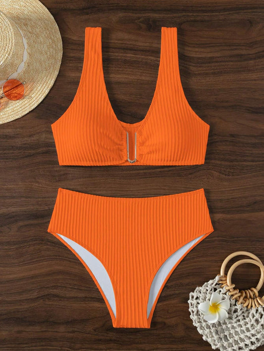 SHEIN Swim Conjunto de bikini naranja para mujer con detalles fruncidos, traje de baño de dos piezas para playa de verano