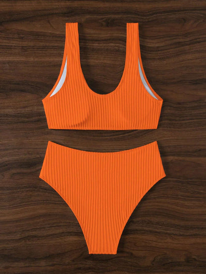 SHEIN Swim Conjunto de bikini naranja para mujer con detalles fruncidos, traje de baño de dos piezas para playa de verano