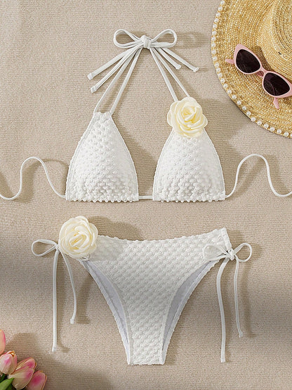 SHEIN Swim Conjunto de bikini sexy con decoración floral, cuello de halter y lazos, para mujer, verano y playa