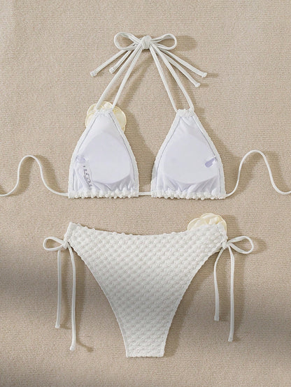 SHEIN Swim Conjunto de bikini sexy con decoración floral, cuello de halter y lazos, para mujer, verano y playa