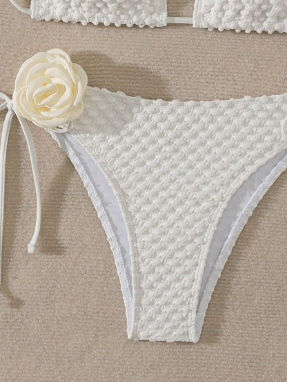 SHEIN Swim Conjunto de bikini sexy con decoración floral, cuello de halter y lazos, para mujer, verano y playa