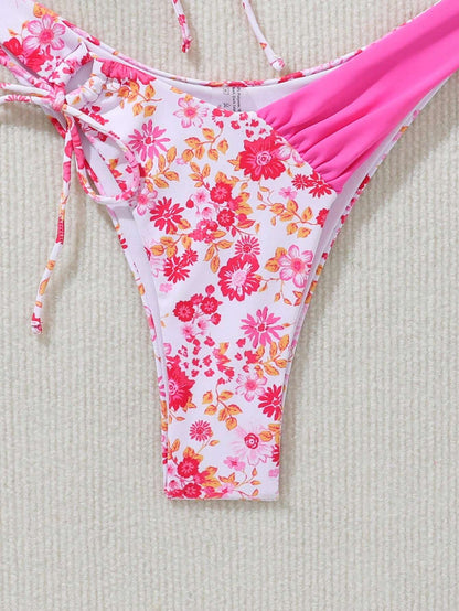 SHEIN Swim Mod Conjunto de bikini para mujer con bandeau fruncido sin tirantes con sujetador y conjunto de bikini con atadura en la cintura para vacaciones de verano en la playa