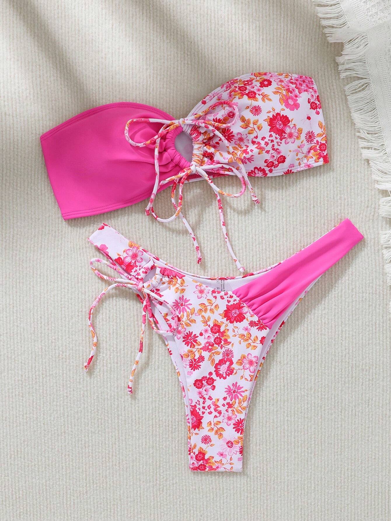 SHEIN Swim Mod Conjunto de bikini para mujer con bandeau fruncido sin tirantes con sujetador y conjunto de bikini con atadura en la cintura para vacaciones de verano en la playa