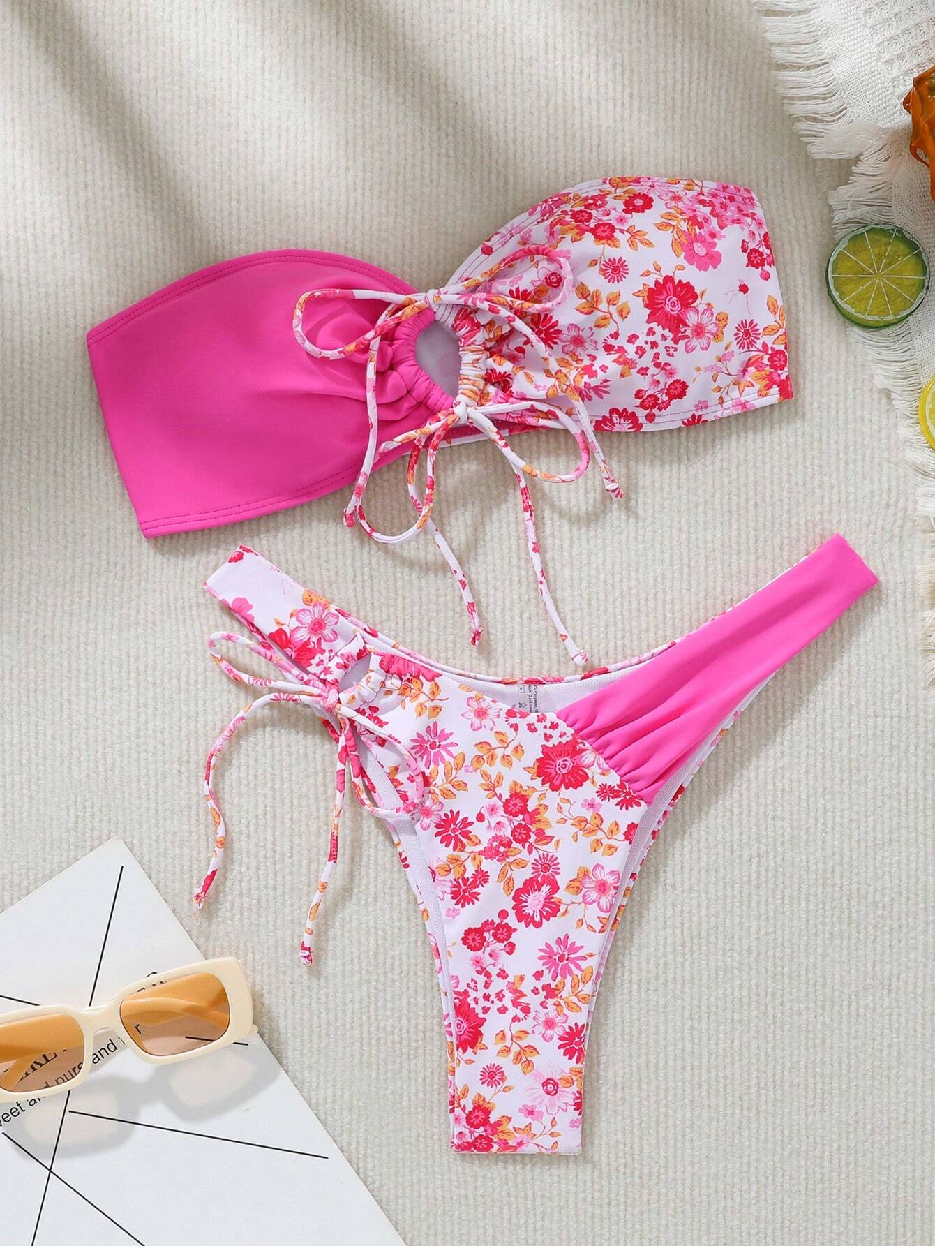 SHEIN Swim Mod Conjunto de bikini para mujer con bandeau fruncido sin tirantes con sujetador y conjunto de bikini con atadura en la cintura para vacaciones de verano en la playa