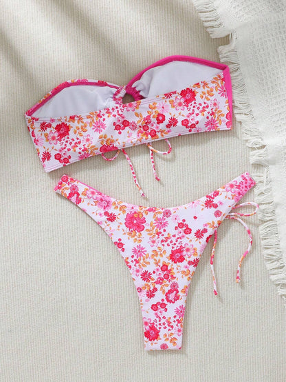 SHEIN Swim Mod Conjunto de bikini para mujer con bandeau fruncido sin tirantes con sujetador y conjunto de bikini con atadura en la cintura para vacaciones de verano en la playa