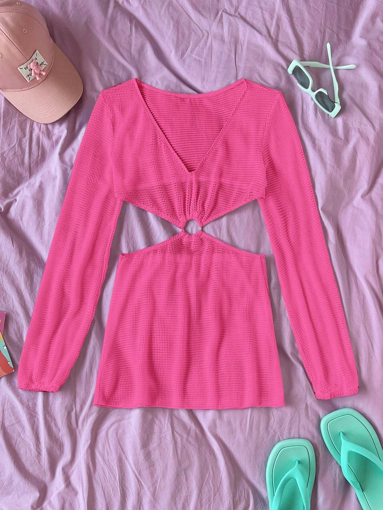 SHEIN Swim Vestido Largo Encubierto Con Mangas Murciélago unicolor Y Cintura Con Huecos, Para Verano, Playa, Vacaciones