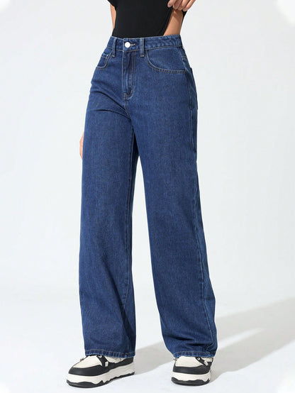 SHEIN Tall Pantalones vaqueros de pierna ancha de tiro bajo y bolsillo casual sueltos para mujer