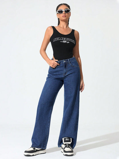 SHEIN Tall Pantalones vaqueros de pierna ancha de tiro bajo y bolsillo casual sueltos para mujer