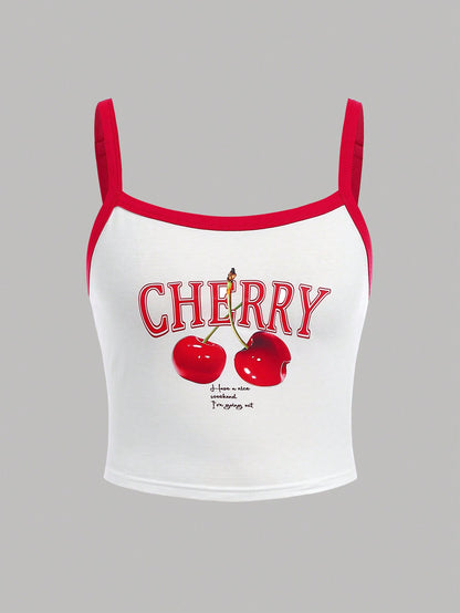 SHEIN Top de camisola con estampado de cerezas dulces y bloques de color para adolescente