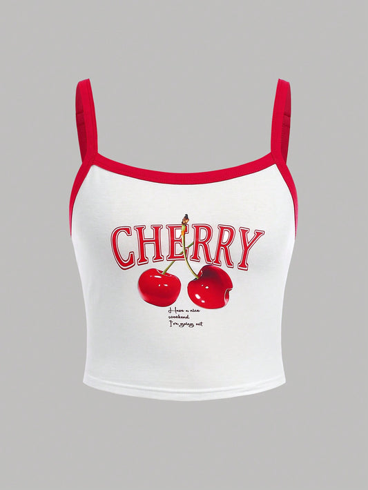 SHEIN Top de camisola con estampado de cerezas dulces y bloques de color para adolescente
