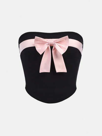 SHEIN Top de tubo de punto para adolescentes unicolor con detalles de cinta de colores de contraste y tirantes desmontables