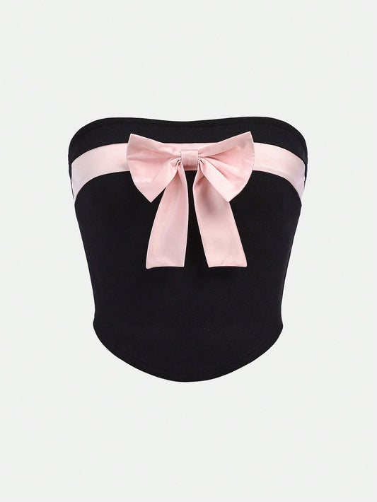 SHEIN Top de tubo de punto para adolescentes unicolor con detalles de cinta de colores de contraste y tirantes desmontables