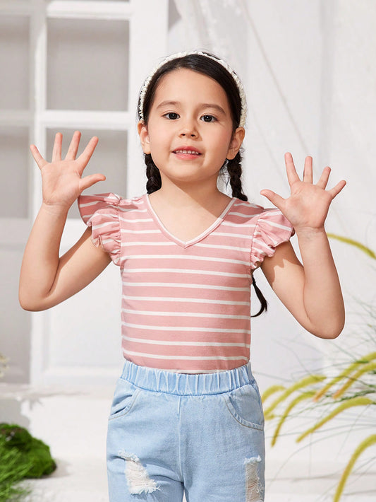 SHEIN Top sin mangas de corte de niña joven para el festival de música Cutoff-Khola, con rayas tejidas y cuello en V