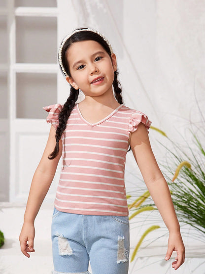 SHEIN Top sin mangas de corte de niña joven para el festival de música Cutoff-Khola, con rayas tejidas y cuello en V