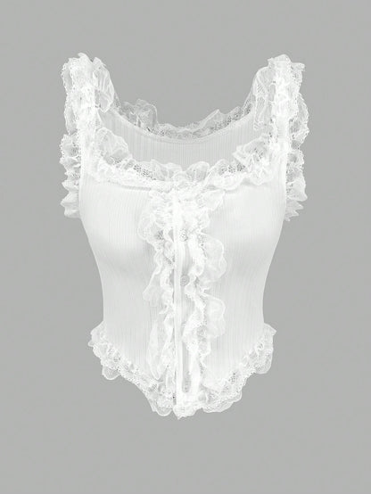 SHEIN Unity Camiseta De Encaje Blanco Para Mujer Con Tejido De Punto Y Alta Elasticidad, Con Dobladillo Asimétrico En Forma De Chaleco