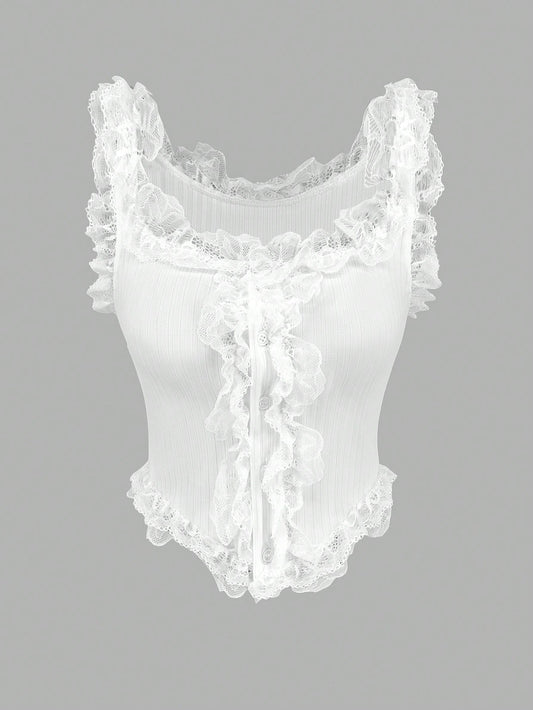 SHEIN Unity Camiseta De Encaje Blanco Para Mujer Con Tejido De Punto Y Alta Elasticidad, Con Dobladillo Asimétrico En Forma De Chaleco
