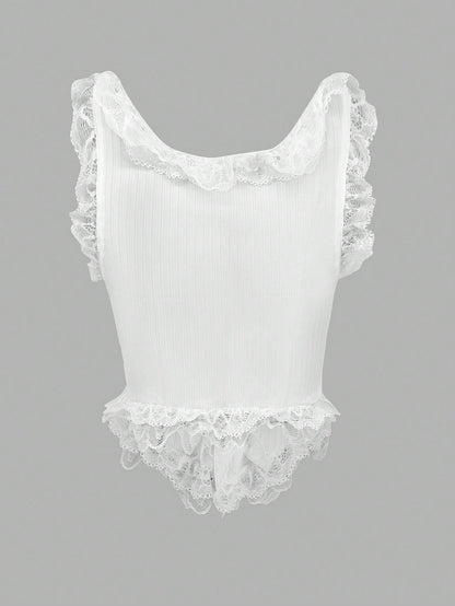 SHEIN Unity Camiseta De Encaje Blanco Para Mujer Con Tejido De Punto Y Alta Elasticidad, Con Dobladillo Asimétrico En Forma De Chaleco