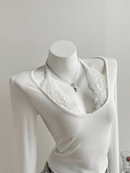SHEIN Unity Camiseta ajustada de manga larga con cuello en V, parches de encaje y punto acanalado negro. Elegante y vintage, ideal para ir a trabajar, casual, citas, primavera/otoño