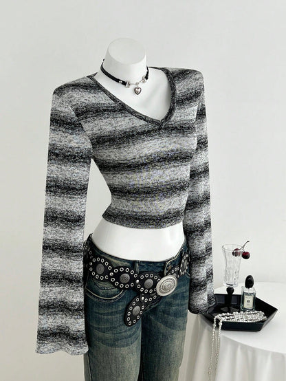 Elamini Camiseta corta de punto de cuello en V ajustada con estampado de rayas en negro y gris, de estilo tie-dye, moda para otoño/invierno, versátil para uso casual, citas, escuela, estilo retro