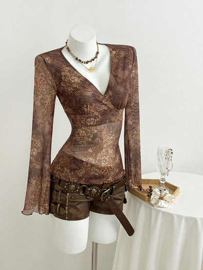 Elamini Camiseta de manga larga con cuello en V, ajustada y con estampado de encaje transparente y de malla, para mujer, para primavera/otoño