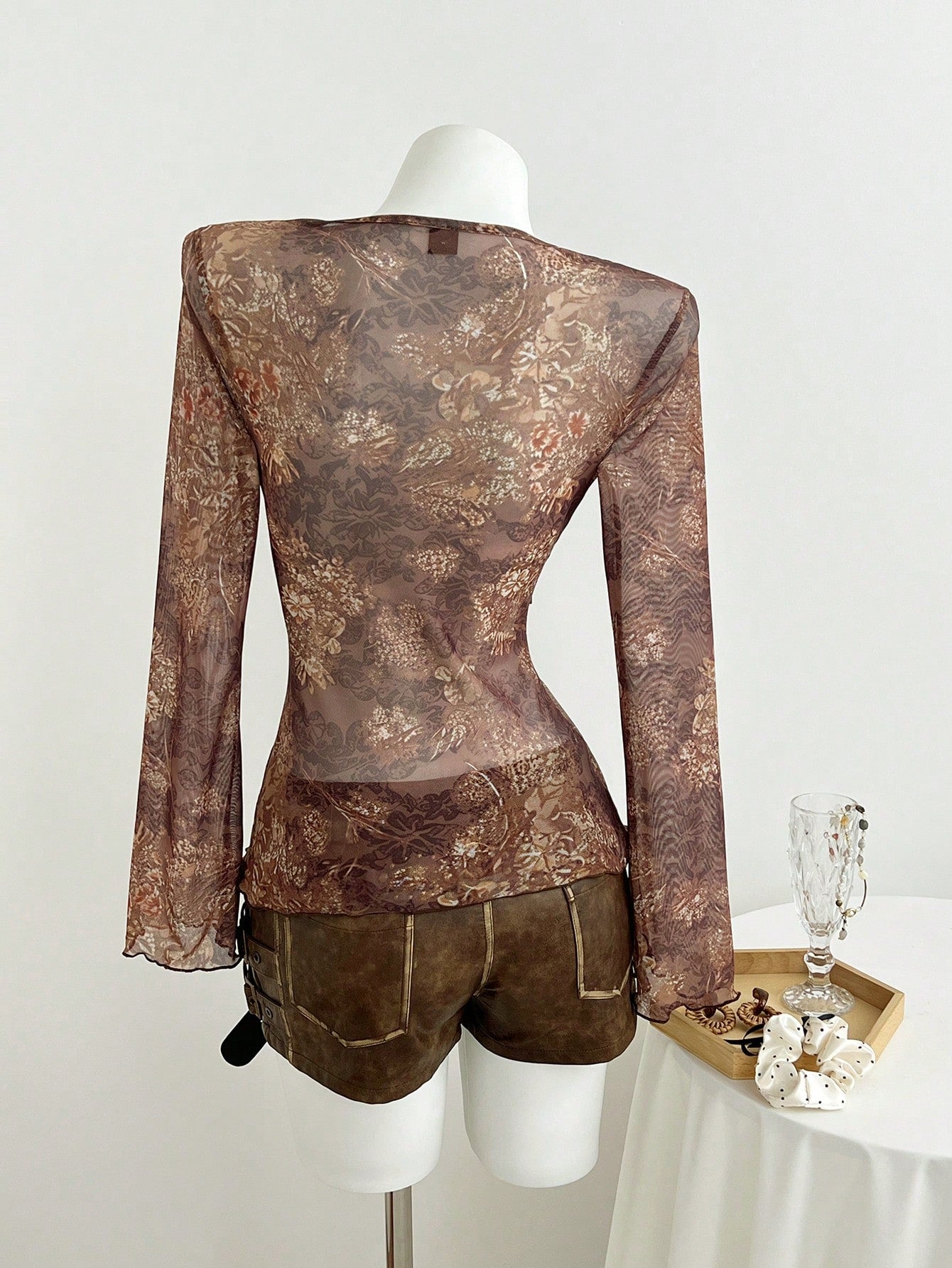 Elamini Camiseta de manga larga con cuello en V, ajustada y con estampado de encaje transparente y de malla, para mujer, para primavera/otoño