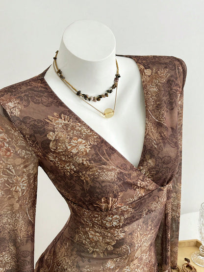 Elamini Camiseta de manga larga con cuello en V, ajustada y con estampado de encaje transparente y de malla, para mujer, para primavera/otoño