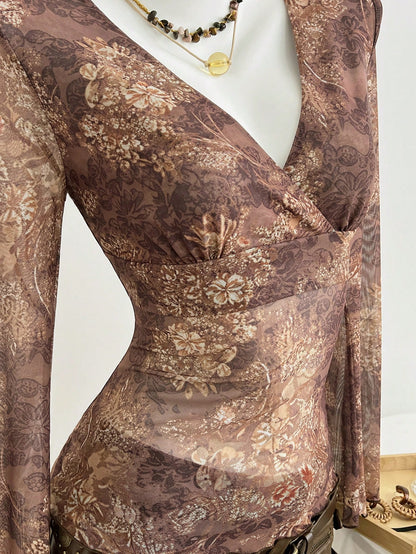 Elamini Camiseta de manga larga con cuello en V, ajustada y con estampado de encaje transparente y de malla, para mujer, para primavera/otoño