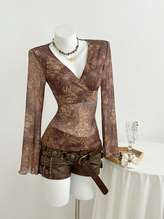 Elamini Camiseta de manga larga con cuello en V, ajustada y con estampado de encaje transparente y de malla, para mujer, para primavera/otoño