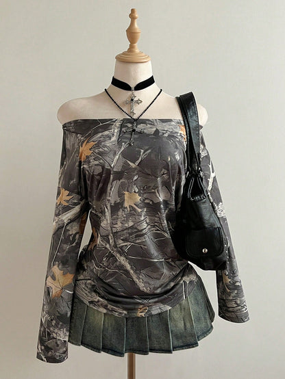 Elamini Camiseta de moda de manga larga con hombros descubiertos y estampado de ramas para mujer