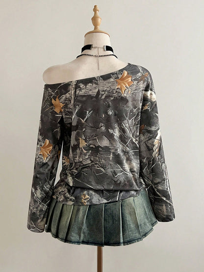 Elamini Camiseta de moda de manga larga con hombros descubiertos y estampado de ramas para mujer