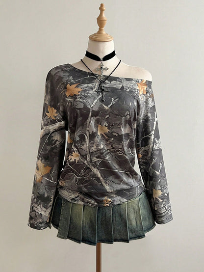 Elamini Camiseta de moda de manga larga con hombros descubiertos y estampado de ramas para mujer