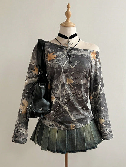 Elamini Camiseta de moda de manga larga con hombros descubiertos y estampado de ramas para mujer