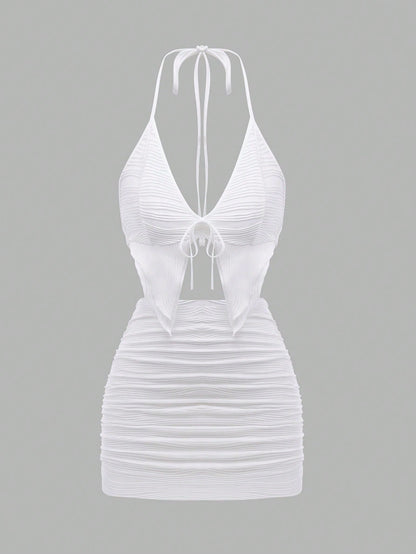SHEIN DivaQ Conjunto de top tanque sin mangas con tirante de cuello halter y falda asimétrica con dobladillo dividido en unicolor para mujeres de verano