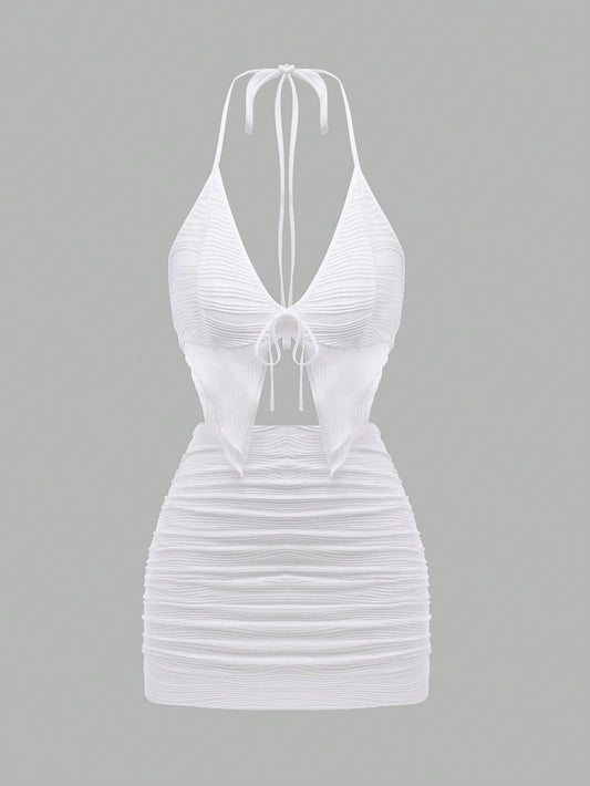 SHEIN DivaQ Conjunto de top tanque sin mangas con tirante de cuello halter y falda asimétrica con dobladillo dividido en unicolor para mujeres de verano